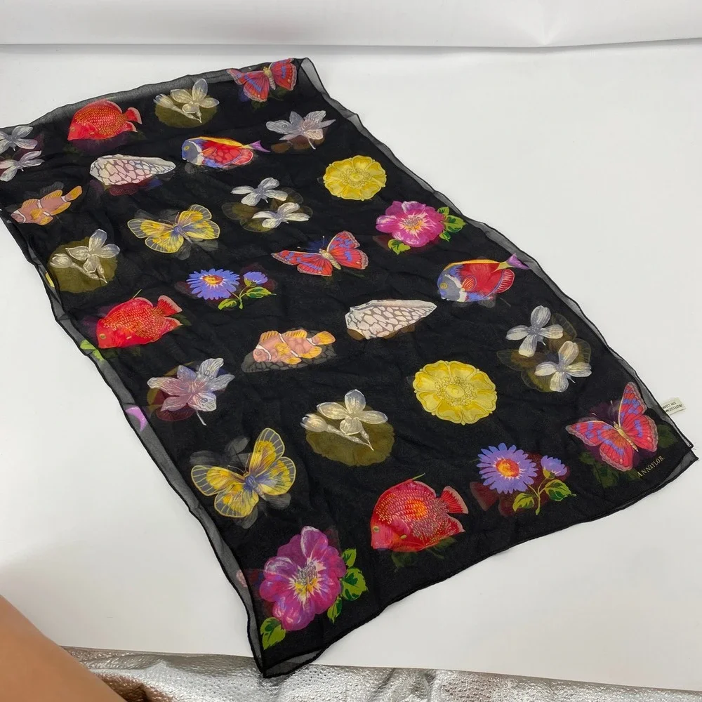 Vintage Ann Taylor Scarf Women Black Silk Tropical Fish Butterfly Floral Sheer